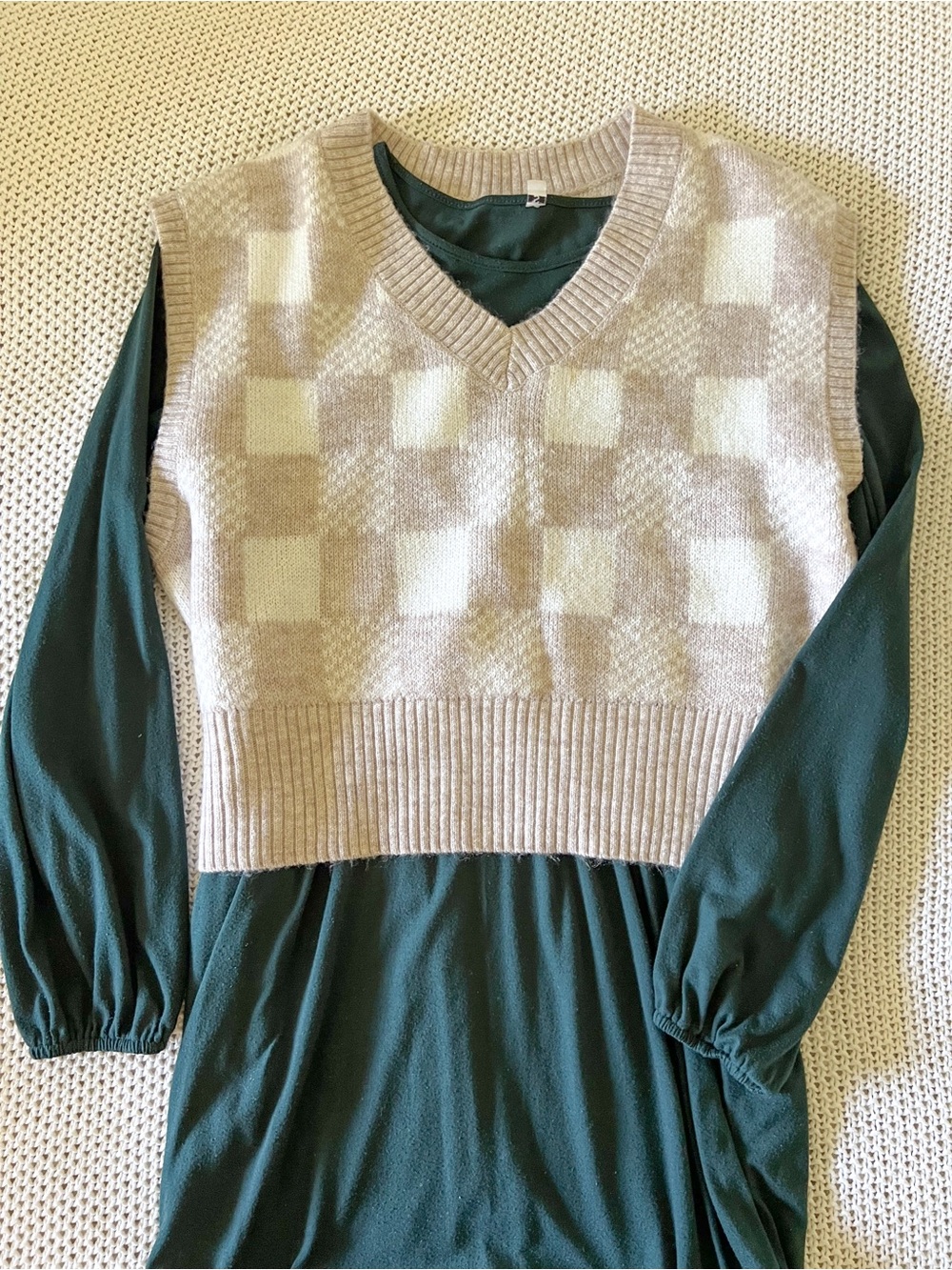 Beige Check V-Neck Knit Sweater Vest